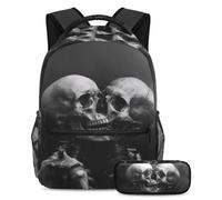 VAPOKF Horror Two Skeleton Hug School Bag Set for Teen Girls Boys Kids, Student Bookbag Backpack Rucksack with Pencil Case for Primary Secondary Junior High School
