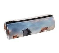 VAPOKF Horses Run on Desert Storm Print Pencil Cases, PU Leather Pen Bag Student Stationery Organiser Bag Makeup Pouch for Women Girls Boys Kids School Office Supplies