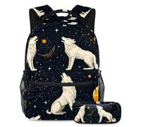 VAPOKF Howling Wolves Moon School Bag Set for Teen Girls Boys Kids, Student Bookbag Backpack Rucksack with Pencil Case for Primary Secondary Junior High School