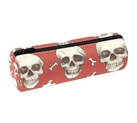 VAPOKF Human Skull and Bones Leather Barrel Pen Pencil Case Coin Purse Cosmetic Makeup Bag for Student Stationery School Office Storage
