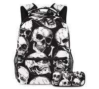 VAPOKF Human Skulls and Bone School Bag Set for Teen Girls Boys Kids, Student Bookbag Backpack Rucksack with Pencil Case for Primary Secondary Junior High School