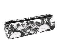 VAPOKF Human Skulls and Bones Leather Barrel Pen Pencil Case Coin Purse Cosmetic Makeup Bag for Student Stationery School Office Storage