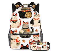VAPOKF Japanese Maneki Neko Cats School Bag Set for Teen Girls Boys Kids, Student Bookbag Backpack Rucksack with Pencil Case for Primary Secondary Junior High School