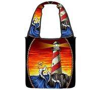 VAPOKF Lighthouse in Rock with Wave Sunset Canvas Tote Bags, Women's Shoulder Handbags, Large Reusable Carry Bag Shoulder Bag for School Work Office Travel Shopping Casual