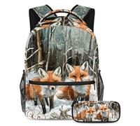 VAPOKF Little Foxes Snow School Bag Set for Teen Girls Boys Kids, Student Bookbag Backpack Rucksack with Pencil Case for Primary Secondary Junior High School