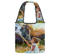 VAPOKF Little Girl and Horse on the Field Canvas Tote Bags, Women's Shoulder Handbags, Large Reusable Carry Bag Shoulder Bag for School Work Office Travel Shopping Casual