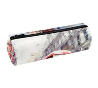 VAPOKF London Red Bus on Paris Street Print Pencil Cases, PU Leather Pen Bag Student Stationery Organiser Bag Makeup Pouch for Women Girls Boys Kids School Office Supplies
