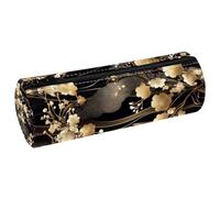 VAPOKF Luxury Japanese Gold Cherry Branches Leather Barrel Pen Pencil Case Coin Purse Cosmetic Makeup Bag for Student Stationery School Office Storage