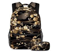 VAPOKF Luxury Japanese Gold Cherry Branches School Bag Set for Teen Girls Boys Kids, Student Bookbag Backpack Rucksack with Pencil Case for Primary Secondary Junior High School