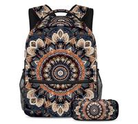 VAPOKF Mandala Floral Vintage School Bag Set for Teen Girls Boys Kids, Student Bookbag Backpack Rucksack with Pencil Case for Primary Secondary Junior High School