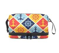 VAPOKF Maritime Nautical Steering Wheels Anchor Cosmetic Bag for Women and Girls, Travel Toiletry Bag Makeup Handy Pouch Organizer Bag with Brush Compartment