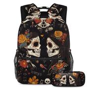 VAPOKF Mexican Sugar Skull Couple School Bag Set for Teen Girls Boys Kids, Student Bookbag Backpack Rucksack with Pencil Case for Primary Secondary Junior High School