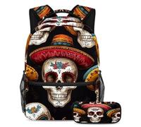 VAPOKF Mexican Sugar Skull School Bag Set for Teen Girls Boys Kids, Student Bookbag Backpack Rucksack with Pencil Case for Primary Secondary Junior High School