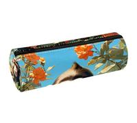 VAPOKF Monkey and Flower PU Leather Barrel Pen Pencil Case Coin Purse Cosmetic Makeup Bag for Student Stationery School Office Storage