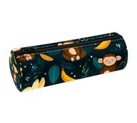 VAPOKF Monkey Banana Tropical Leaf Leather Barrel Pen Pencil Case Coin Purse Cosmetic Makeup Bag for Student Stationery School Office Storage