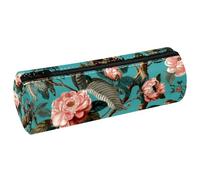 VAPOKF Monkey Bird on Blossom Peony Leather Barrel Pen Pencil Case Coin Purse Cosmetic Makeup Bag for Student Stationery School Office Storage