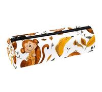 VAPOKF Monkey Holds Banana Leather Barrel Pen Pencil Case Coin Purse Cosmetic Makeup Bag for Student Stationery School Office Storage