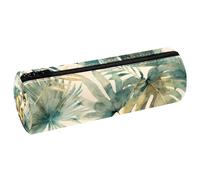 VAPOKF Monkey on Palm Leaf Leather Barrel Pen Pencil Case Coin Purse Cosmetic Makeup Bag for Student Stationery School Office Storage