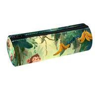 VAPOKF Monkeys Eat Banana Leather Barrel Pen Pencil Case Coin Purse Cosmetic Makeup Bag for Student Stationery School Office Storage