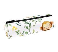 VAPOKF Monkeys Green Leaves Leather Barrel Pen Pencil Case Coin Purse Cosmetic Makeup Bag for Student Stationery School Office Storage