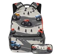 VAPOKF Monster Truck Cars on Road School Bag Set for Teen Girls Boys Kids, Student Bookbag Backpack Rucksack with Pencil Case for Primary Secondary Junior High School