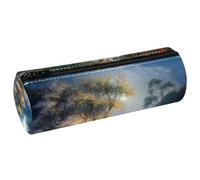 VAPOKF Moonlight by The Lake PU Leather Barrel Pen Pencil Case Coin Purse Cosmetic Makeup Bag for Student Stationery School Office Storage