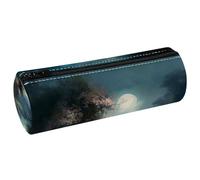 VAPOKF Moonlight by The Lake PU Leather Barrel Pen Pencil Case Coin Purse Cosmetic Makeup Bag for Student Stationery School Office Storage