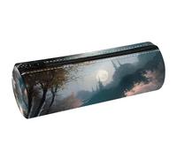 VAPOKF Moonlight by the Lake PU Leather Barrel Pen Pencil Case Coin Purse Cosmetic Makeup Bag for Student Stationery School Office Storage