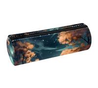VAPOKF Moonlight by The Lake PU Leather Barrel Pen Pencil Case Coin Purse Cosmetic Makeup Bag for Student Stationery School Office Storage