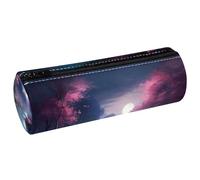 VAPOKF Moonlight by The Lake PU Leather Barrel Pen Pencil Case Coin Purse Cosmetic Makeup Bag for Student Stationery School Office Storage