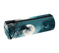 VAPOKF Moonlight by The Lake PU Leather Barrel Pen Pencil Case Coin Purse Cosmetic Makeup Bag for Student Stationery School Office Storage