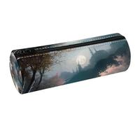 VAPOKF Moonlight by The Lake PU Leather Barrel Pen Pencil Case Coin Purse Cosmetic Makeup Bag for Student Stationery School Office Storage