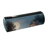 VAPOKF Moonlight by The Lake PU Leather Barrel Pen Pencil Case Coin Purse Cosmetic Makeup Bag for Student Stationery School Office Storage