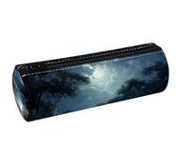 VAPOKF Moonlight by The Lake PU Leather Barrel Pen Pencil Case Coin Purse Cosmetic Makeup Bag for Student Stationery School Office Storage