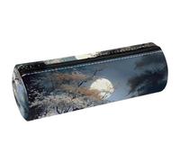 VAPOKF Moonlight by The Lake PU Leather Barrel Pen Pencil Case Coin Purse Cosmetic Makeup Bag for Student Stationery School Office Storage