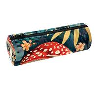 VAPOKF Mushrooms PU Leather Barrel Pen Pencil Case Coin Purse Cosmetic Makeup Bag for Student Stationery School Office Storage