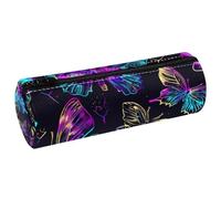 VAPOKF Neon Butterfly and Skull Pattern PU Leather Barrel Pen Pencil Case Coin Purse Cosmetic Makeup Bag for Student Stationery School Office Storage