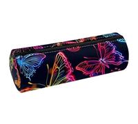 VAPOKF Neon Butterfly Color Pattern PU Leather Barrel Pen Pencil Case Coin Purse Cosmetic Makeup Bag for Student Stationery School Office Storage