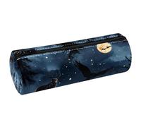 VAPOKF Night Forest Wild Animals Silhouette Leather Barrel Pen Pencil Case Coin Purse Cosmetic Makeup Bag for Student Stationery School Office Storage