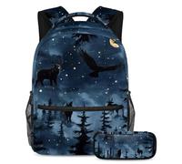 VAPOKF Night Forest Wild Animals Silhouette School Bag Set for Teen Girls Boys Kids, Student Bookbag Backpack Rucksack with Pencil Case for Primary Secondary Junior High School