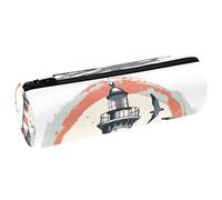 VAPOKF Ocean Lighthouse PU Leather Barrel Pen Pencil Case Coin Purse Cosmetic Makeup Bag for Student Stationery School Office Storage