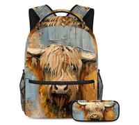 VAPOKF Oil Painting Scottish Cow School Bag Set for Teen Girls Boys Kids, Student Bookbag Backpack Rucksack with Pencil Case for Primary Secondary Junior High School