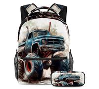 VAPOKF Old Blue Monster Car School Bag Set for Teen Girls Boys Kids, Student Bookbag Backpack Rucksack with Pencil Case for Primary Secondary Junior High School