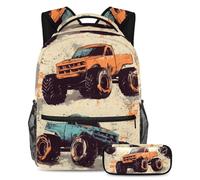 VAPOKF Orange Blue Monster Car School Bag Set for Teen Girls Boys Kids, Student Bookbag Backpack Rucksack with Pencil Case for Primary Secondary Junior High School