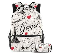 VAPOKF Paris Tower Pattern Love Hearts School Bag Set for Teen Girls Boys Kids, Student Bookbag Backpack Rucksack with Pencil Case for Primary Secondary Junior High School