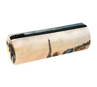 VAPOKF Paris Tower Seine River at Dusk Leather Barrel Pen Pencil Case Coin Purse Cosmetic Makeup Bag for Student Stationery School Office Storage