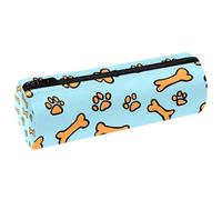 VAPOKF Pawprints and Bones on Blue Leather Barrel Pen Pencil Case Coin Purse Cosmetic Makeup Bag for Student Stationery School Office Storage