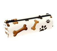 VAPOKF Pawprints and Dog Bones Leather Barrel Pen Pencil Case Coin Purse Cosmetic Makeup Bag for Student Stationery School Office Storage