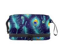 VAPOKF Peacock Feather Blue Pattern Cosmetic Bag for Women and Girls, Travel Toiletry Bag Makeup Handy Pouch Organizer Bag with Brush Compartment