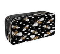 VAPOKF Pencil Case Pen Bag Student Stationery Pouch with Zipper for Boys Girls School & Office Supplies, Honey Bees and White Dots on Black